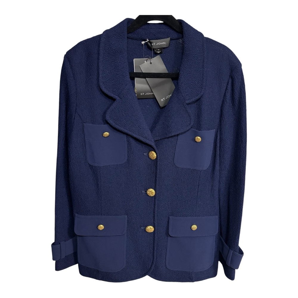 NWT St. John Collection Navy Knit Gold-Button Jacket Sz 16 (runs small)